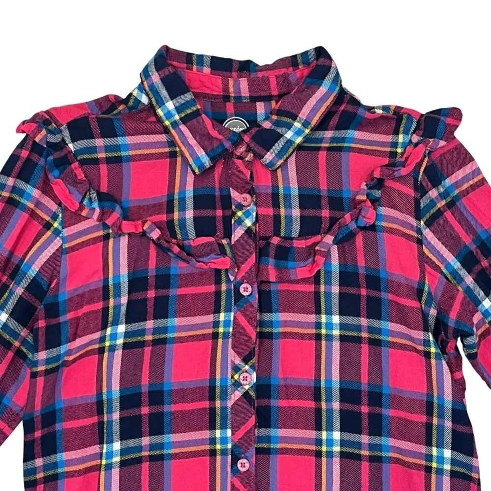 Wonder Nation Girls L 10-12 Ruffle Flannel Button Up Long Sleeve Fuchsia Burst
